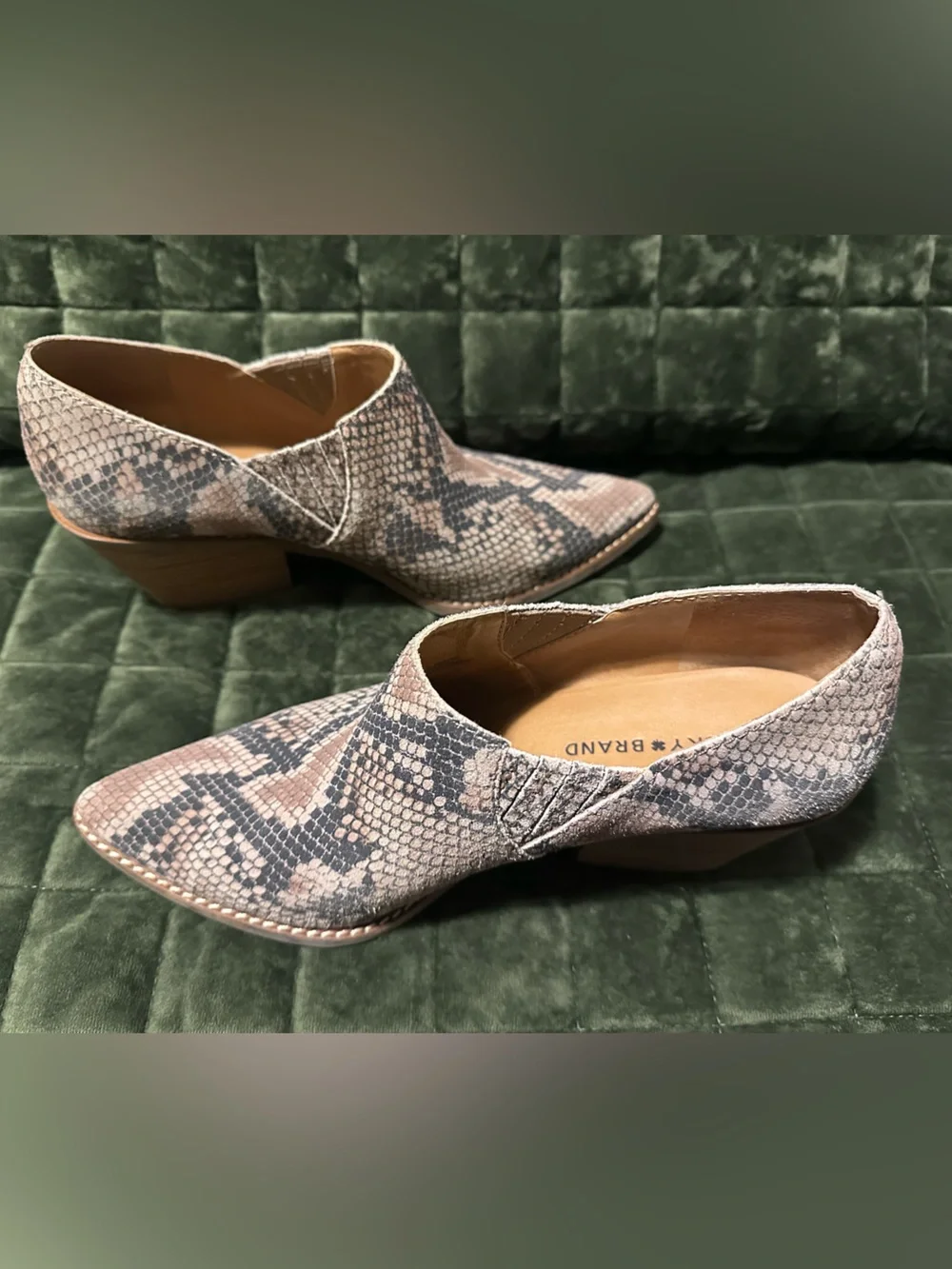 Lucky Brand Pointed Snake-Print Ankle Booties in Taupe and Black